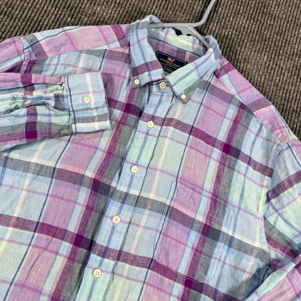 Vineyard Vines Linen Murray Shirt Mens XL Extra Large Purple Plaid Button Down